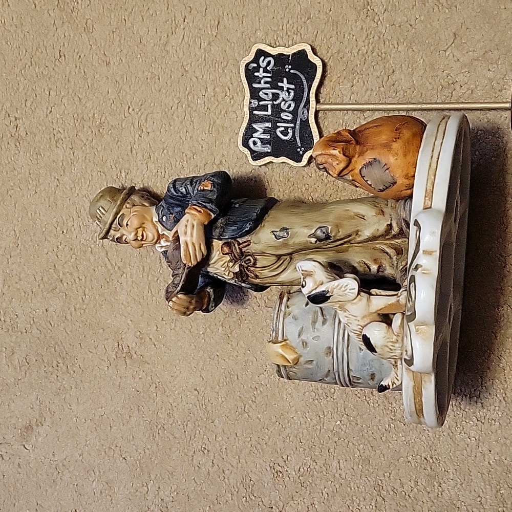 Vintage Hobo Porcelain Figure with Dog Trash Can Bag